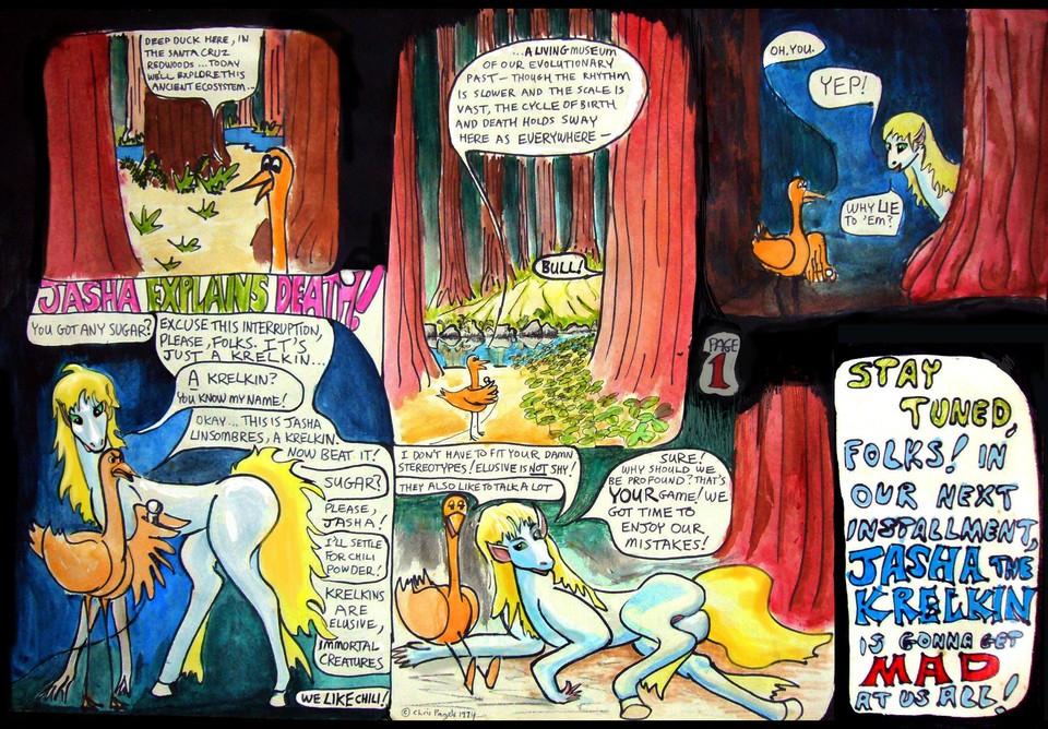 Jasha Explains Death, p.1, a painted comic by Chris Wayan, 1974.