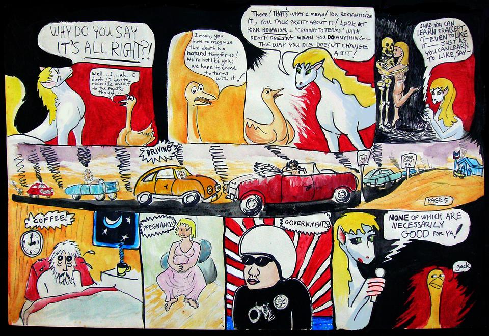 Jasha Explains Death, p.5, a painted comic by Chris Wayan, 1974.