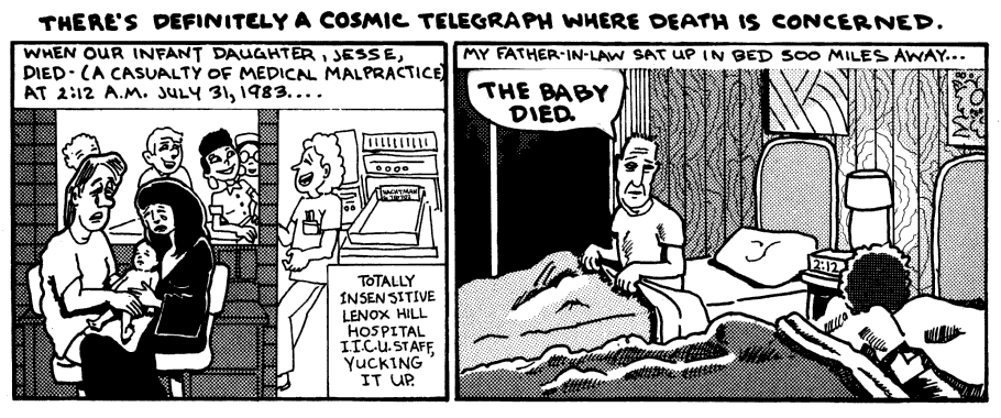 Black and white comic by Joey Epstein: as Epstein's infant daughter Jesse dies, her grandfather 500 miles away wakes up from a dream of her death.