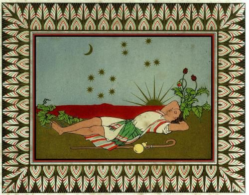 Joseph dreams the stars bow down; book illustration by Owen Jones, 1869.