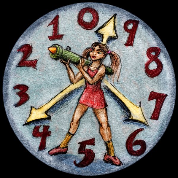 Pigtailed girl holds rocket launcher; clock counts down to zero. Dream sketch by Wayan. Click to enlarge.