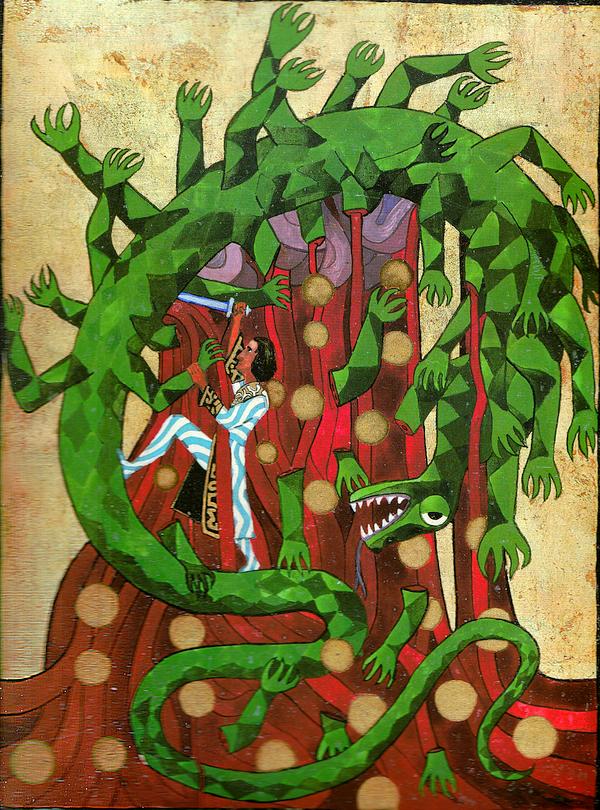 Fighting a dragon who ate the sun; Plate 119 of Jung's 'Red Book'. Click to enlarge.