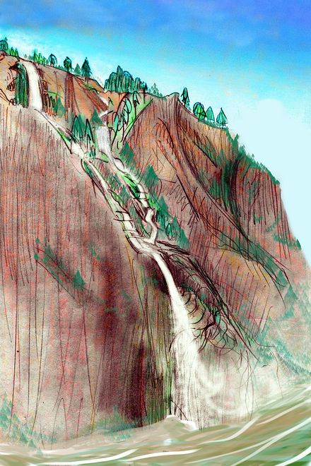Sketch of a waterfall over red seacliffs on the Isle of Linao, on Kakalea, an unlucky Earthlike world full of Australias.