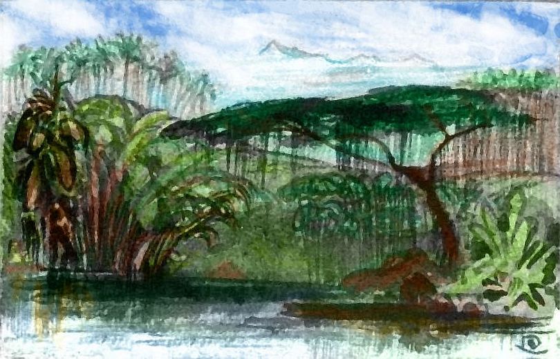 Sketch after Edward Lear of distant ice-peak above jungle; equatorial Kakalea, a world model full of Australias and Antarcticas.