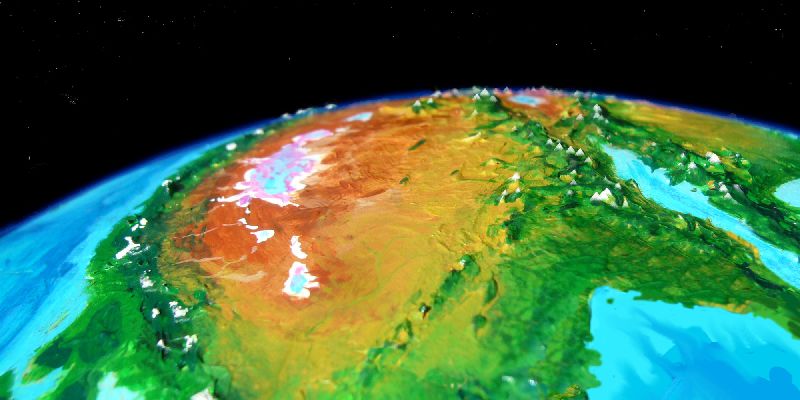 Low orbital shot of the mountainous rift zone and pink salt lakes of East Ata, a subcontinent on Kakalea, a model of an Earthlike world full of dry continents.