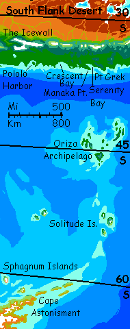Map of Oriza, Solitude and Sphagnum Isles south of Ata, on Kakalea, an unlucky Earthlike world: blue seas, red dry continents.