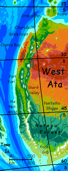 Map of the mountains and deserts of of West Ata, a subcontinent on Kakalea, a model of an Earthlike world full of dry continents.