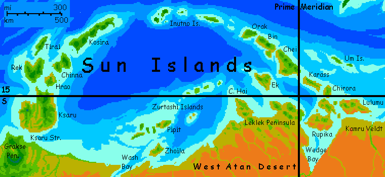 Map of the Sun Islands northwest of Ata, largest continent on Kakalea, a model of an Earthlike world full of Australias.