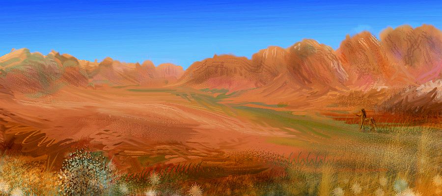 Sketch of desert crags in central Bima, a large continent on Kakalea, a model of an Earthlike world full of Australias.