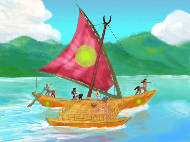 Catamaran crewed by centaurs sails past green islands on Kakalea, a world-model with mostly dry continents.