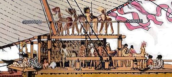 Sketch of theatrical catamaran and crew/actors, on Kakalea, a model of an Earthlike world full of Australias.