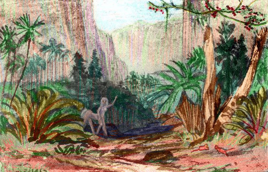 Watercolor sketch, after Edward Lear, of canyon in the west Fikan outback, on Kakalea, a model of an Earthlike world full of Australias. Click to enlarge.