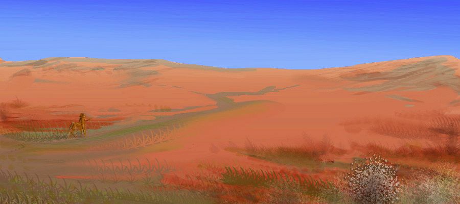 Sketch of low desert hills, central Fika, a small dry continent on Kakalea, a model of an Earthlike world full of Australias.