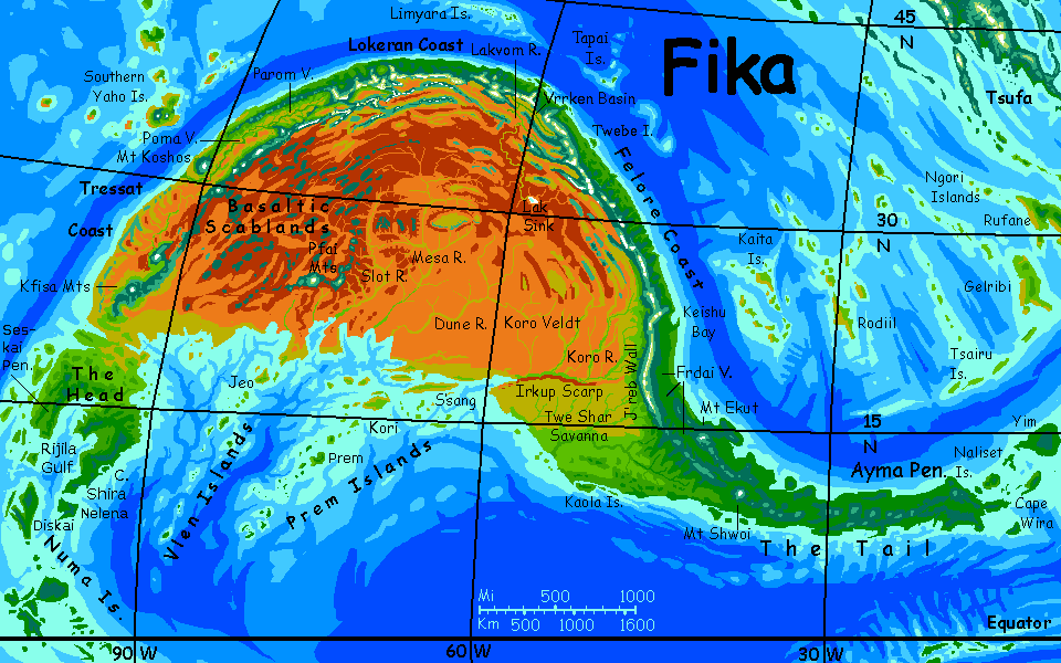 Map of Fika, a small dry continent on Kakalea, a model of an Earthlike world full of Australias.