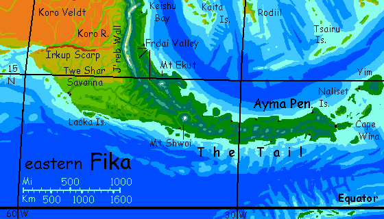 Map of eastern Fika, a small continent on Kakalea, a model of an Earthlike world full of Australias.