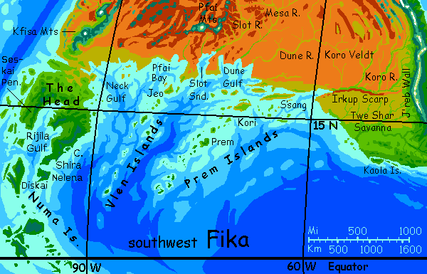 Map of south and west Fika, a small continent on Kakalea, a model of an Earthlike world full of Australias.