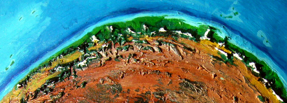 Orbital shot of the mountainous green northern coast of Fika, a small dry continent on Kakalea, a model of an Earthlike world full of Australias.