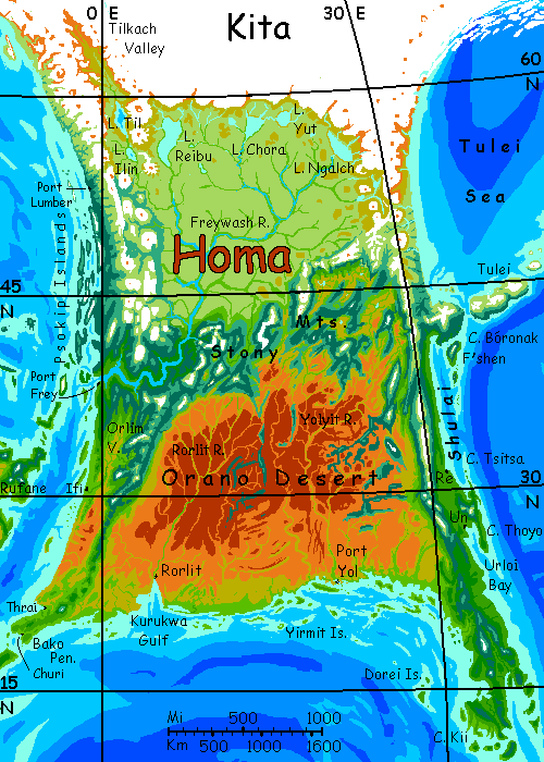 Map of Homa, a subcontinent on Kakalea, an unlucky Earthlike world: blue seas, red dry continents.
