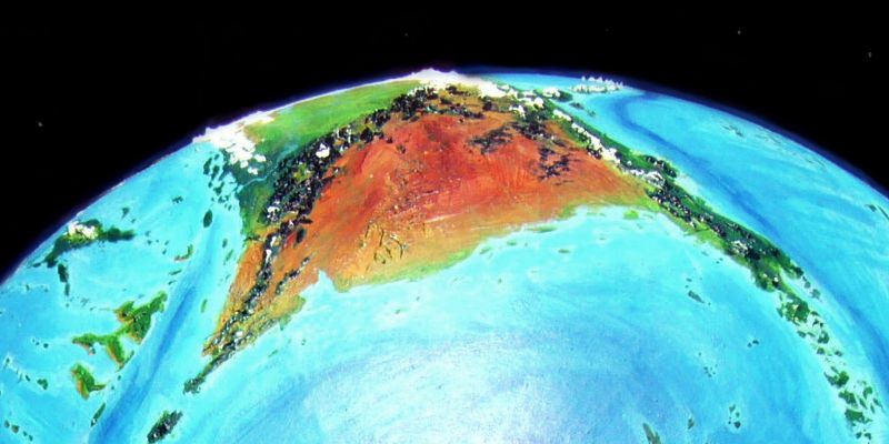 Low-altitude orbital shot of the subcontinent of Homa on Kakalea, a model of an Earthlike world full of Australias.