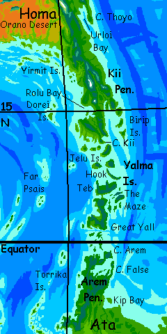 Map of Cape Kii and the Yalma Islands between the dry continents of Homa (north) and Ata (south); a rare green stretch area on Kakalea, an unlucky Earthlike world: blue seas, red dry continents.