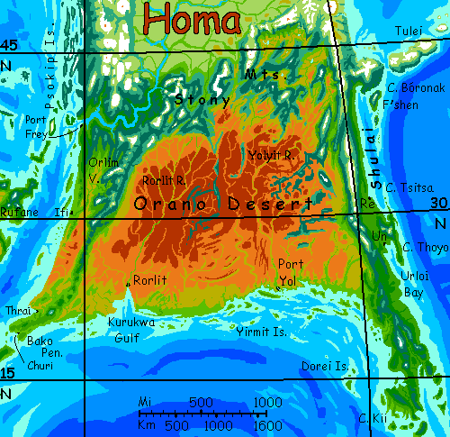 Map of Orano Desert and Stony Mountains of southern Homa, on Kakalea, an unlucky Earthlike world with many desert continents.