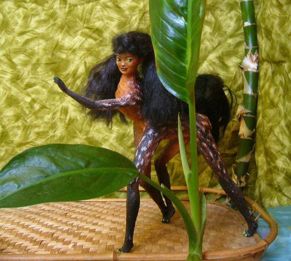 Frizia, a spotted centauroid, on a reed boat or raft in a jungle on Kakalea, a model of an Earthlike world full of Australias. Click to enlarge.