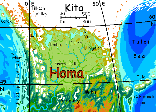 Map of northern Homa, a tundra region on Kakalea, a model of an Earthlike world full of Australias.