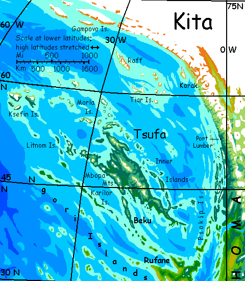 Map of Tsufa and its attendant islands off the west coast of Homa; on Kakalea, a model of an Earthlike world full of Australias.