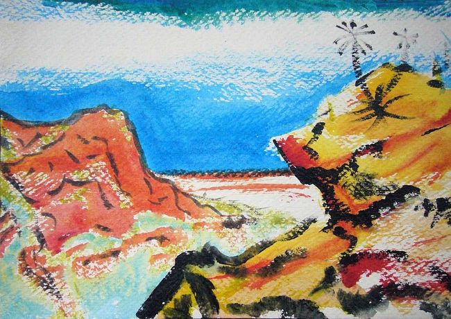 Watercolor by Wayan: canyon above desert flats; Grakse Peninsula on Kakalea, an unlucky Earthlike world: blue seas, red dry continents. Click to enlarge.