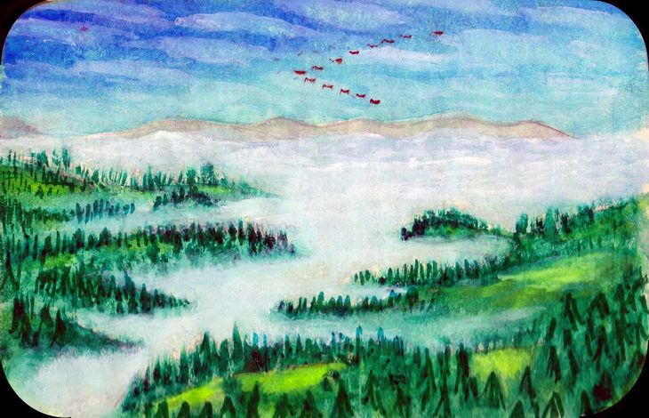 Dark woods, pale meadows on ridges; fog-tongues in valleys. Orak Island, on Kakalea, an unlucky Earthlike world: blue seas, red dry continents. Gouache by Wayan. Click to enlarge.