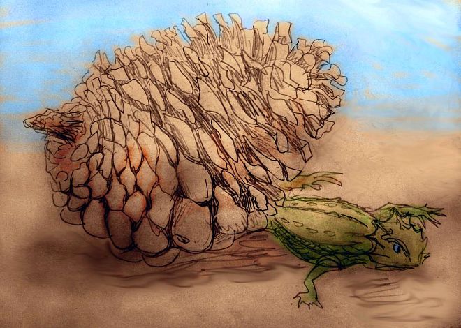 Pine cone and lizard on Kakalea, an unlucky Earthlike world: blue seas, red dry continents. Sketch by Wayan; click to enlarge.