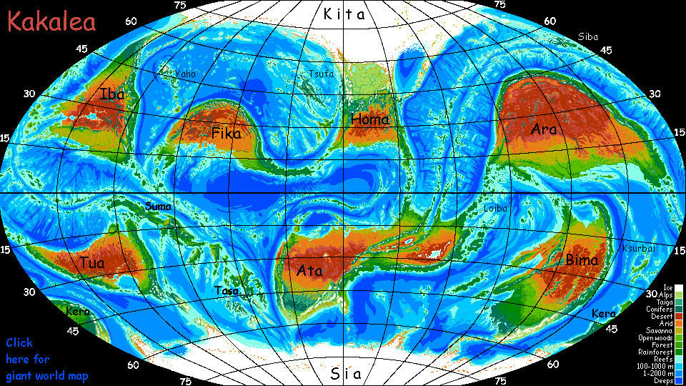 Map of Kakalea, a model of an Earthlike world full of Australias.