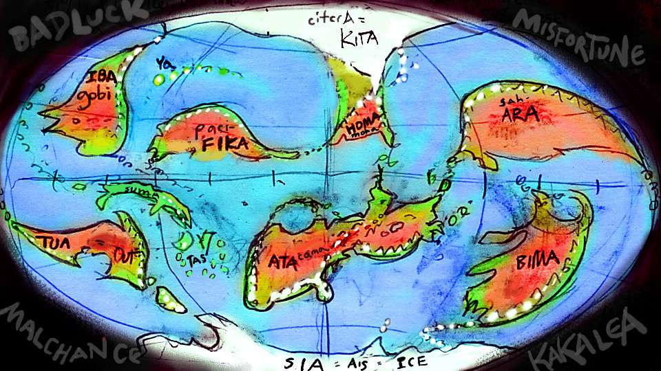 Sketchmap of Kakalea, a model of an Earthlike world full of Australias.