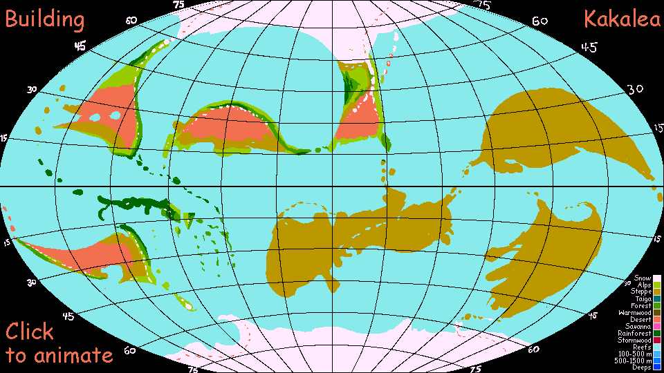 Animated GIF map of Kakalea, a model of an Earthlike world full of Australias, from initial sketch to finished world map, in about 450 frames.
