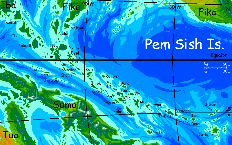 Map of rainforested equatorial Pem Sish Islands north of Suma on Kakalea, a model of an Earthlike world full of Australias.