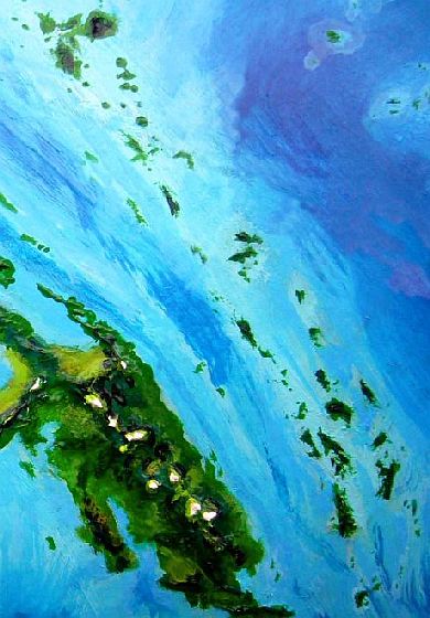 High orbital photo of rainforested equatorial islands, the Pem Sish Chain, north of Suma on Kakalea, a model of an Earthlike world full of Australias.