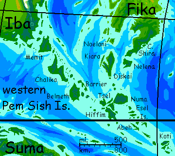 Map of the western Pem Sish Islands on Kakalea, an unlucky Earthlike world: dry continents.
