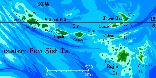 Map of the eastern Pem Sish Islands on Kakalea, an unlucky Earthlike world: dry continents.