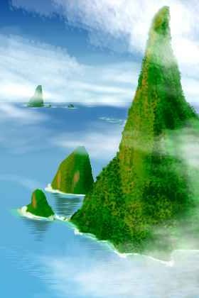 Green volcanic crag rising from sea; eastern Pem Sish Islands on Kakalea, an unlucky Earthlike world: dry continents.