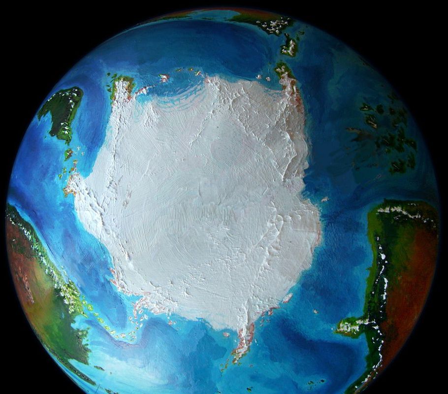 High orbital photo of Sia, an iced-over polar continent like Antarctica, on Kakalea, a model of an Earthlike world with mostly dry continents.