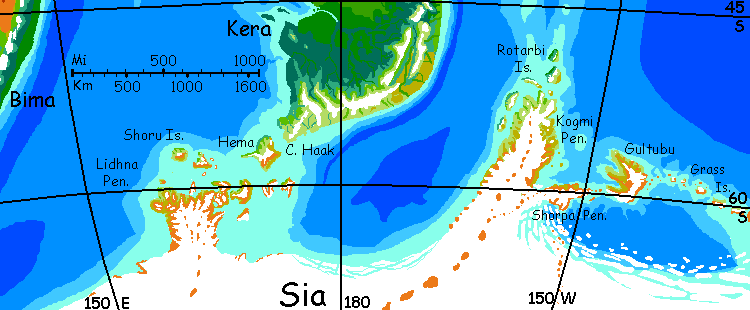 Map of the Kogmi and Lidhna Peninsulas, habitable fringes of Sia, the antarctic continent on Kakalea, a model of an Earthlike world full of Australias.
