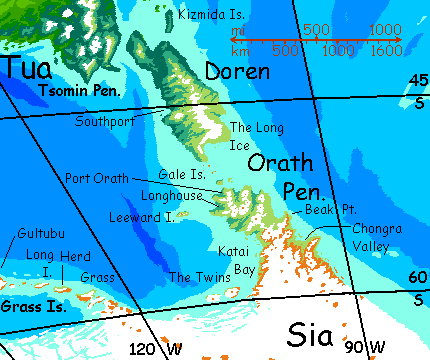 Map of the Orath Peninsula and Doren Island, habitable fringes of Sia, the antarctic continent on Kakalea, a model of a rather barren Earthlike world.