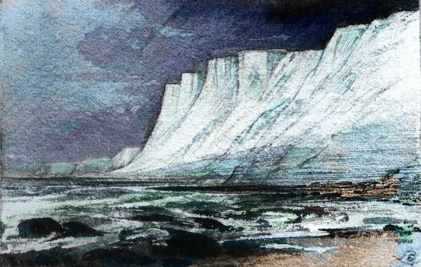 Ice cliffs on the coast of antarctic Sia, a continent on Kakalea, a model of an unlucky Earthlike world.