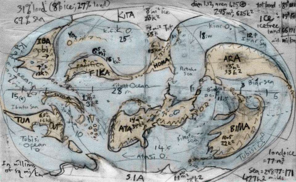 Sketchmap of Kakalea, a model of an Earthlike world full of Australias.