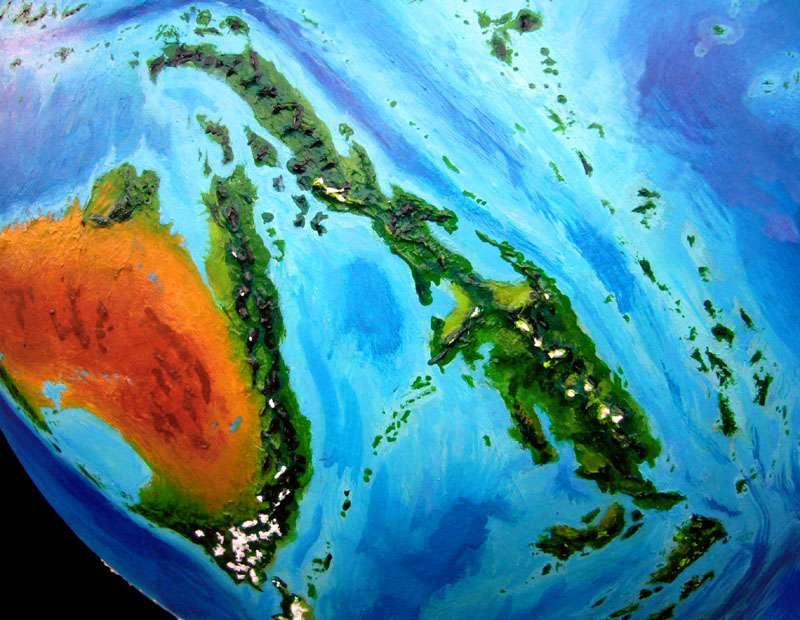 High orbital photo of Suma, a long island like a triple-sized New Guinea, on Kakalea, a model of an Earthlike world full of Australias.