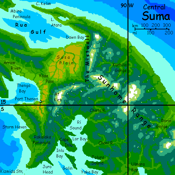 Map of central Suma, a long island like a triple-sized New Guinea, on Kakalea, a model of an Earthlike world full of Australias.