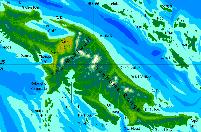 Map of eastern Suma, a long island like a triple-sized New Guinea, on Kakalea, a model of an Earthlike world full of Australias.