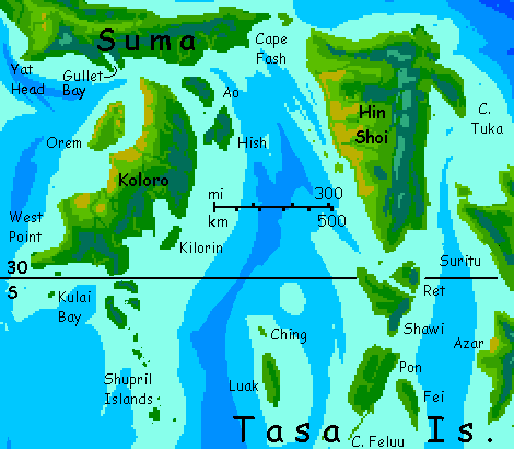 Map of southern Suma, Koloro and Hin Shoi; large islands on Kakalea, a model of an Earthlike world full of Australias.