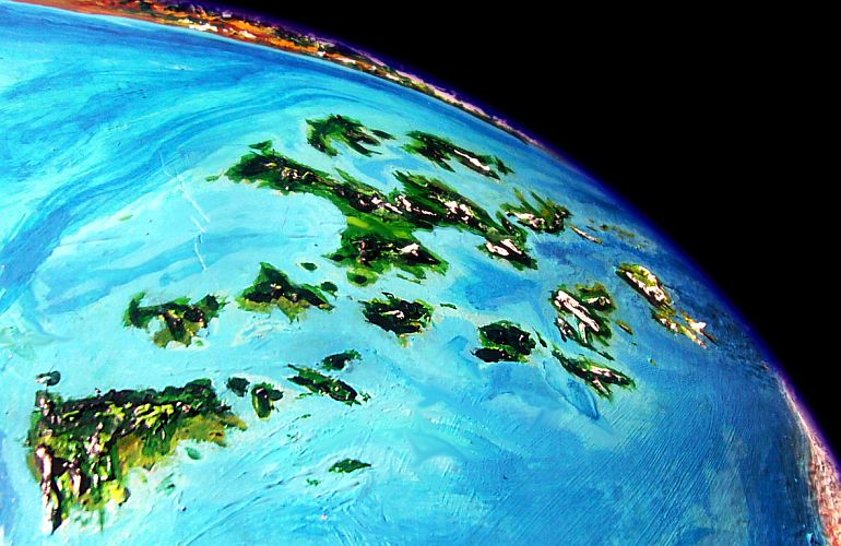 Low-angle orbital photo of the temperate Tasa Archipelago, about the size of Indonesia, on Kakalea, a model of an Earthlike world full of Australias.