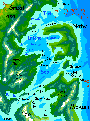 Map of the Inland Sea in the eastern Tasa Archipelago, about the size of Indonesia, on Kakalea, a model of an Earthlike world full of Australias.